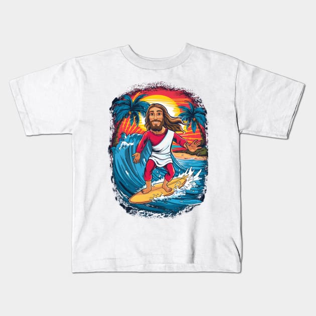 Surfing Jesus Kids T-Shirt by BobaTeeStore